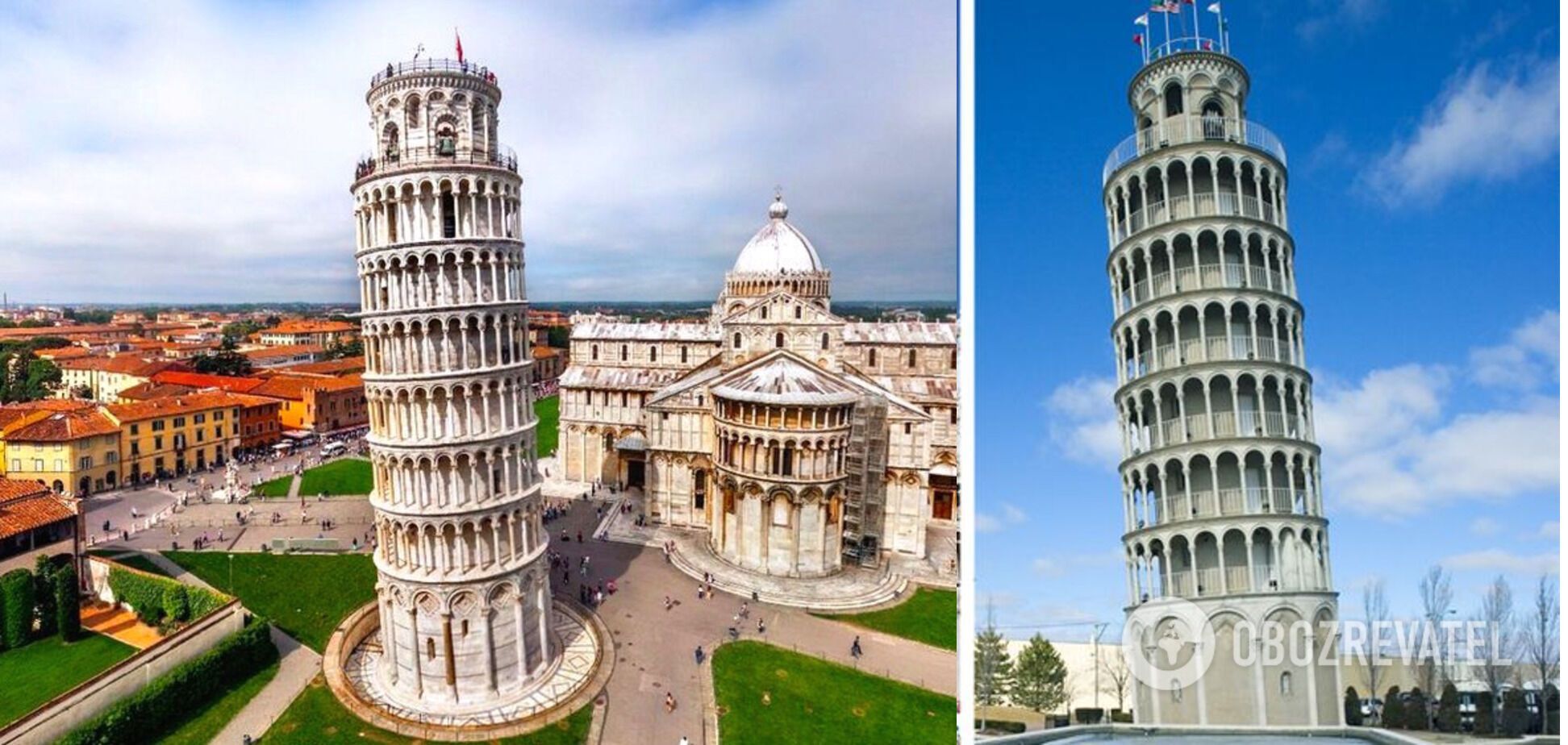 Ліворуч – Пізанська вежа в Італії, праворуч – її копія в США.