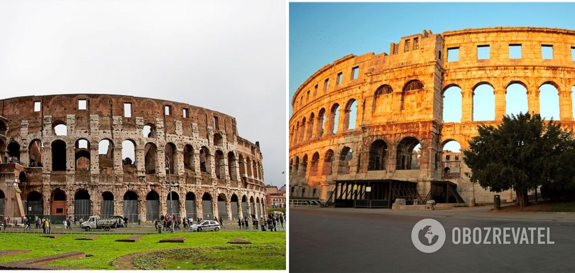 Ліворуч – Колізей в Італії, праворуч – амфітеатр Пули в Хорватії.