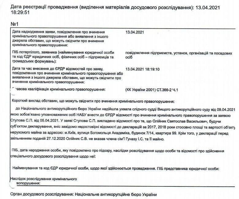 В Едином реестре досудебных расследований зарегистрировано уголовное производство №52021000000000187