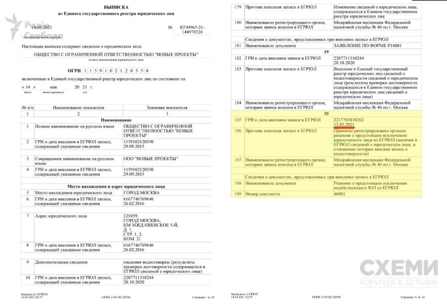 Выписка данных о компании "Новые проекты".