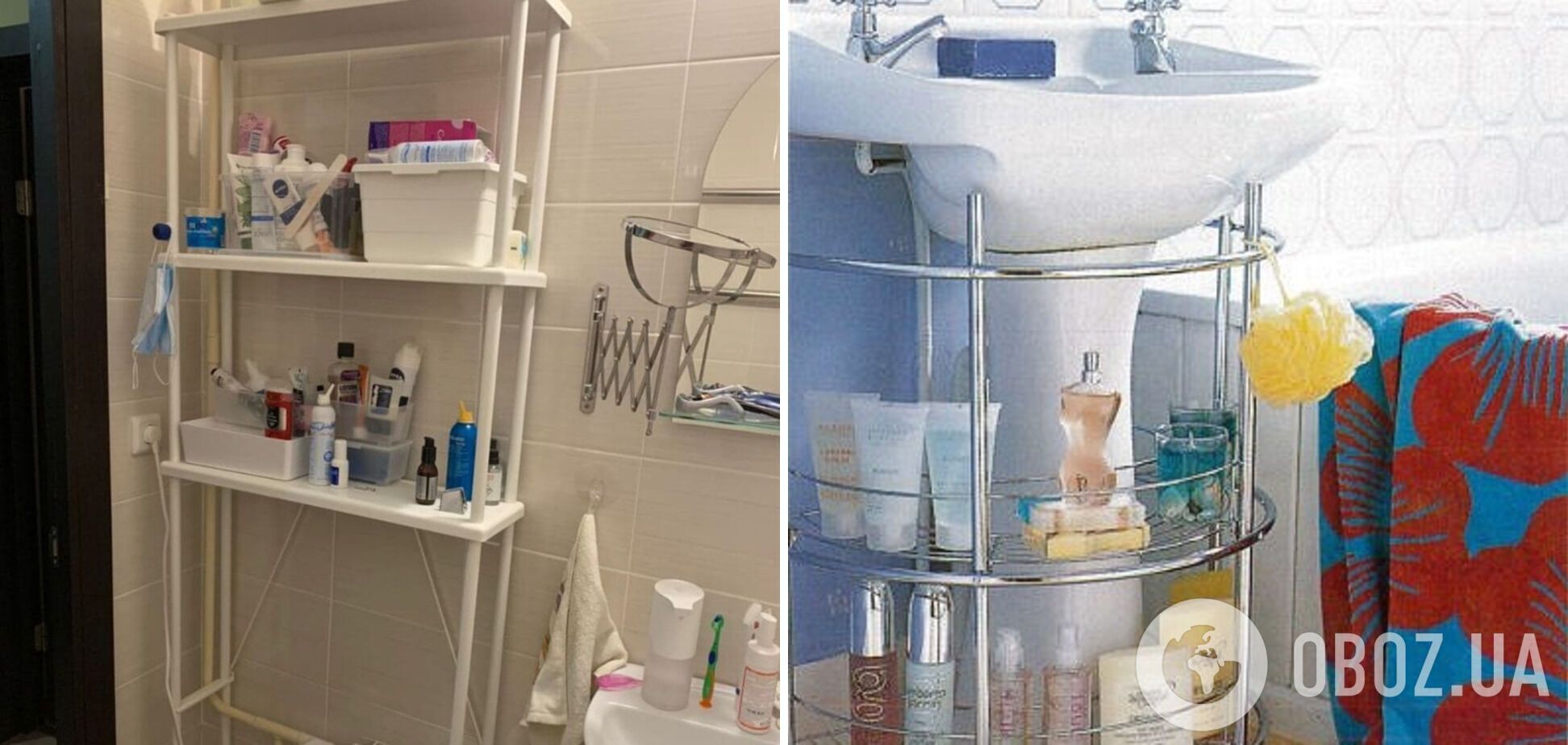 Открытые полки со средствами бытовой химии и полотенцами забирают много места в ванной комнате.