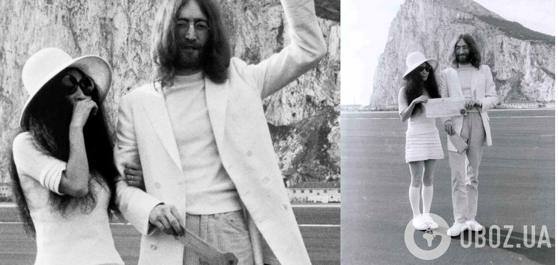 Йоко Оно была в белой футболке, юбке, шляпе и больших очках.