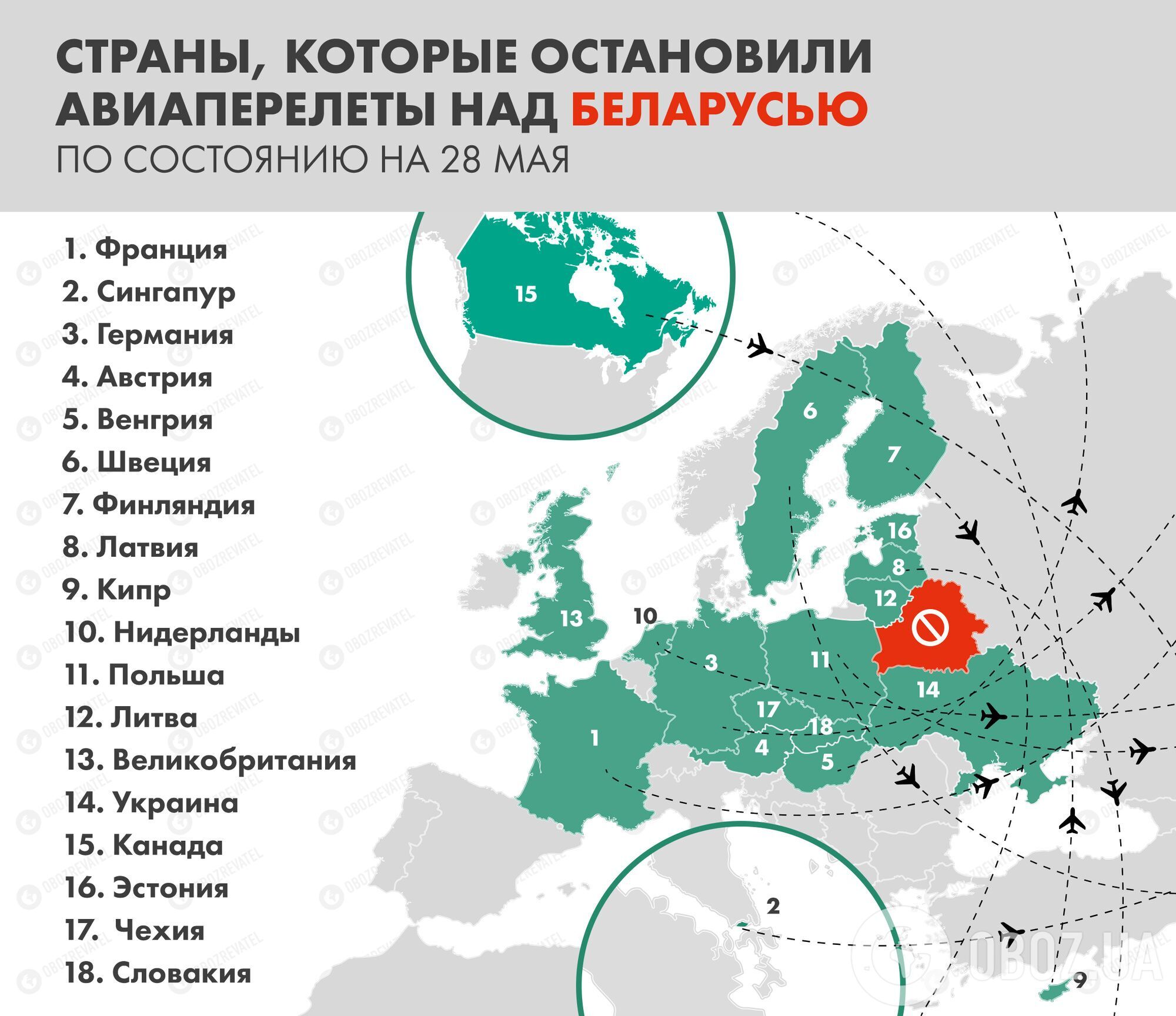 Страны ЕС, Украина, Сингапур и Канада уже прекратили авиасообщение с Минском.