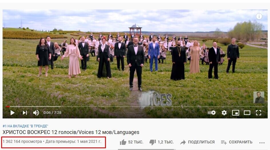 "Христос воскрес" всего за сутки набрал более 1 млн просмотров в YouTube