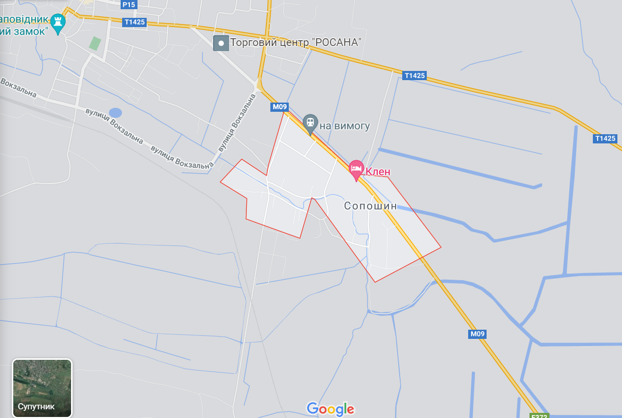 Карта села Сопошин, де трапилася ДТП