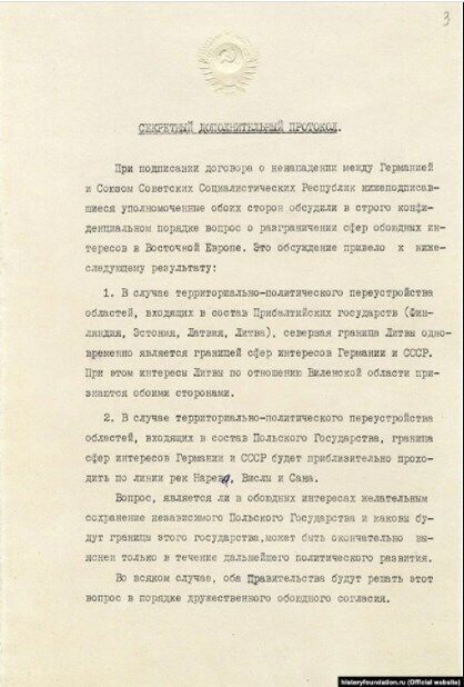 Секретний додатковий протокол до Договору про ненапад між СРСР і Німеччиною. 23 серпня 1939 року. Радянський оригінал російською мовою