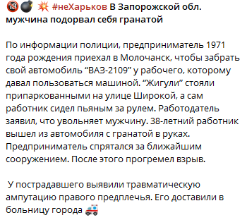 Під Запоріжжям чоловік підірвав себе гранатою: момент потрапив на відео. Фото 21+