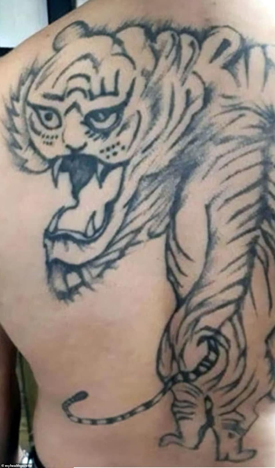 Тигр на спине выглядит ужасно.