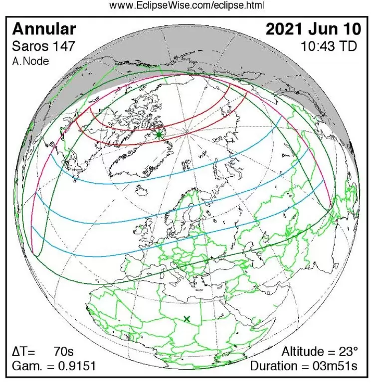 Рух тіні і півтіней по поверхні Землі під час затемнення 10 червня
