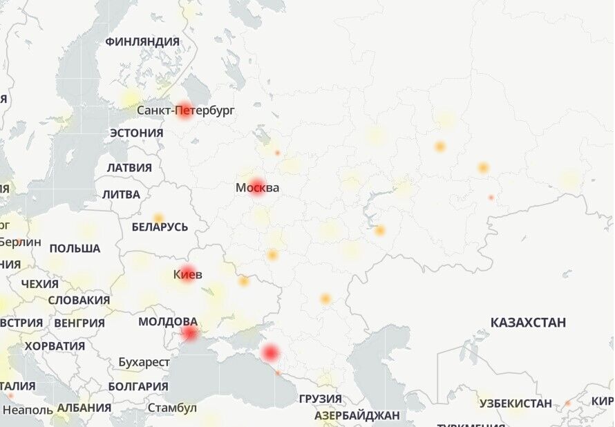 Мапа країн, де трапився збій у Telegram