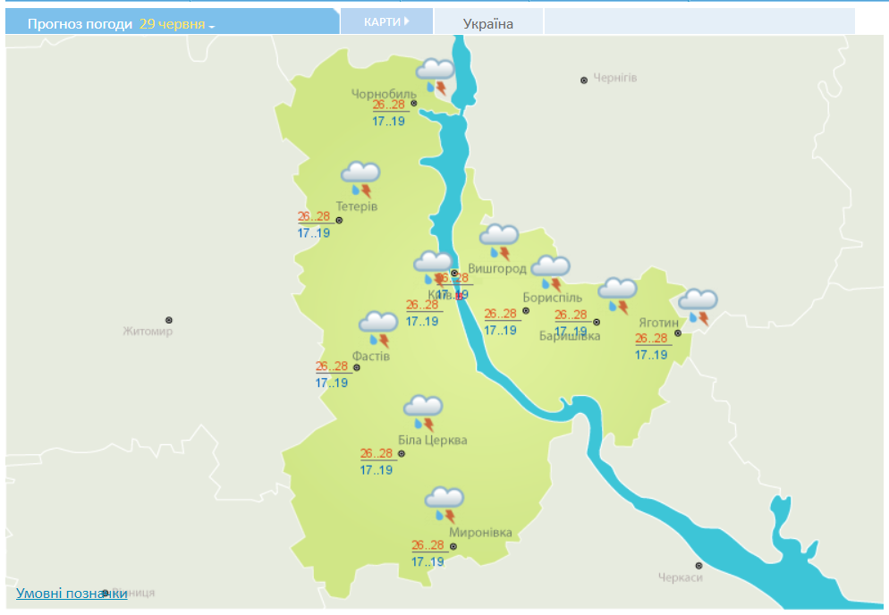 Прогноз погоди в Києві та області на 29 червня