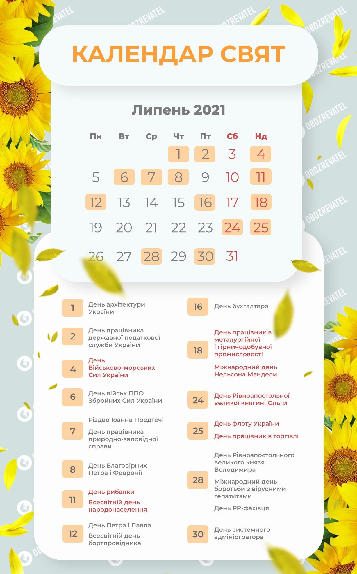 Календар на липень 2021 року в Україні