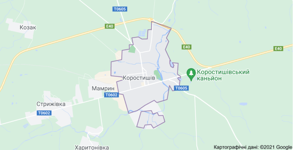 Карта города Коростышев, вблизи которого произошло ДТП