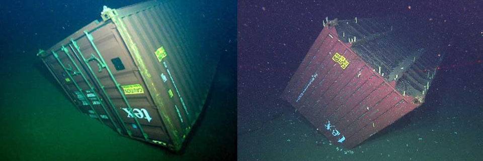 На дне океанов лежат тысячи контейнеров, которые потеряли корабли.