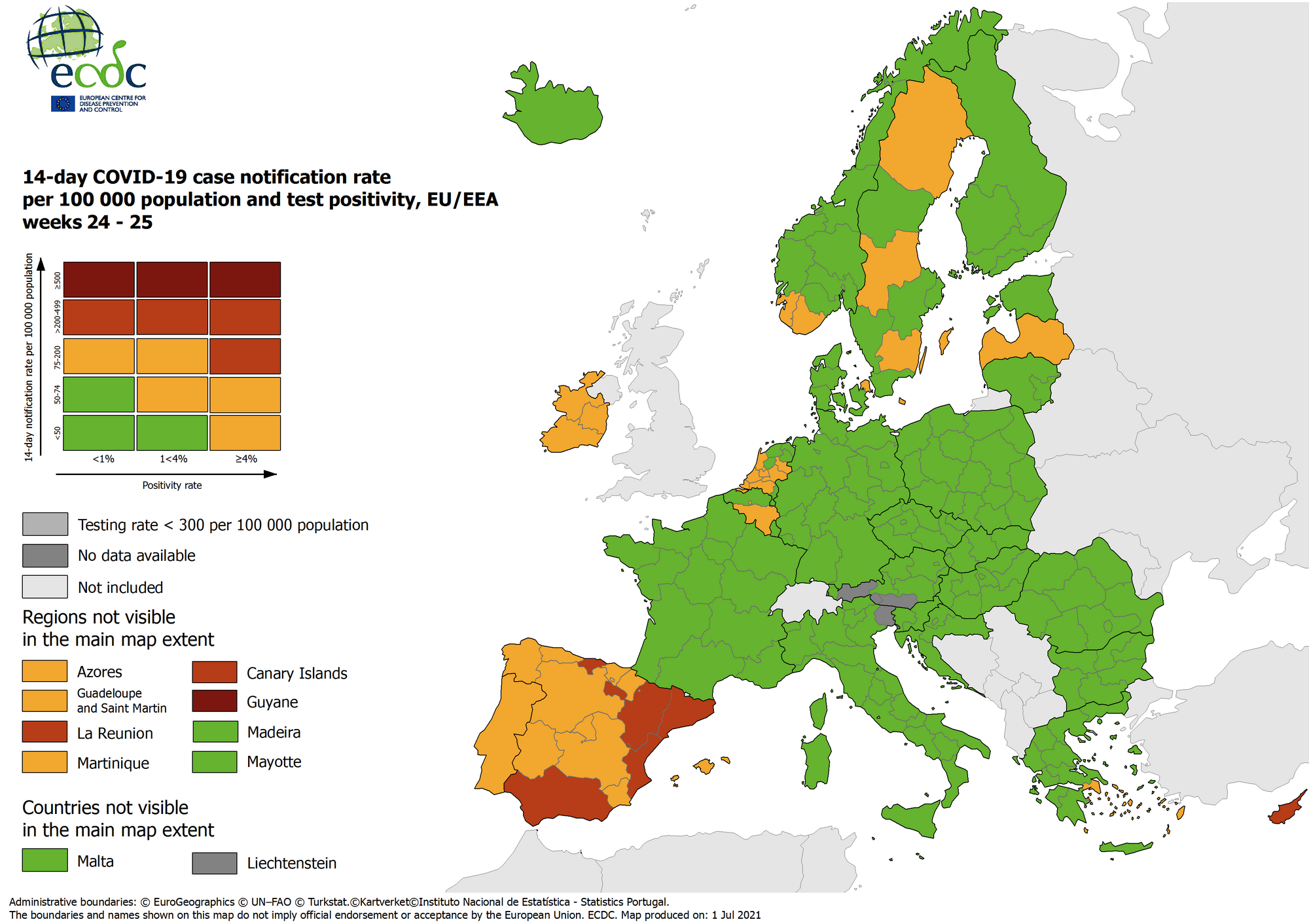 Карта эпидемической ситуации Европейского центра профилактики и контроля заболеваний от 1 июля 2021 года