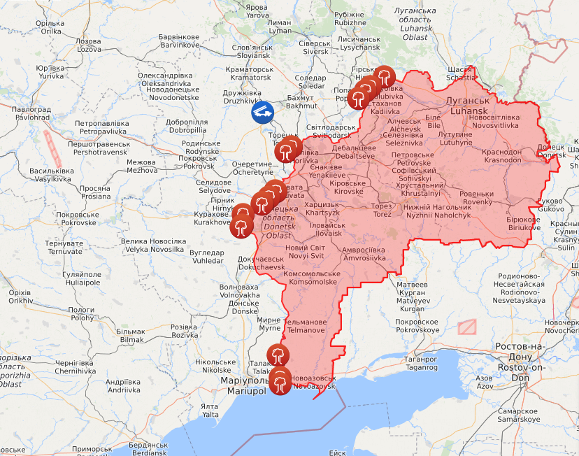 Карта обстрелов на Донбассе.