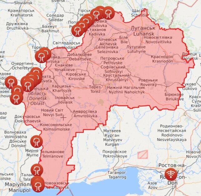 Карта горячих точек на Донбассе