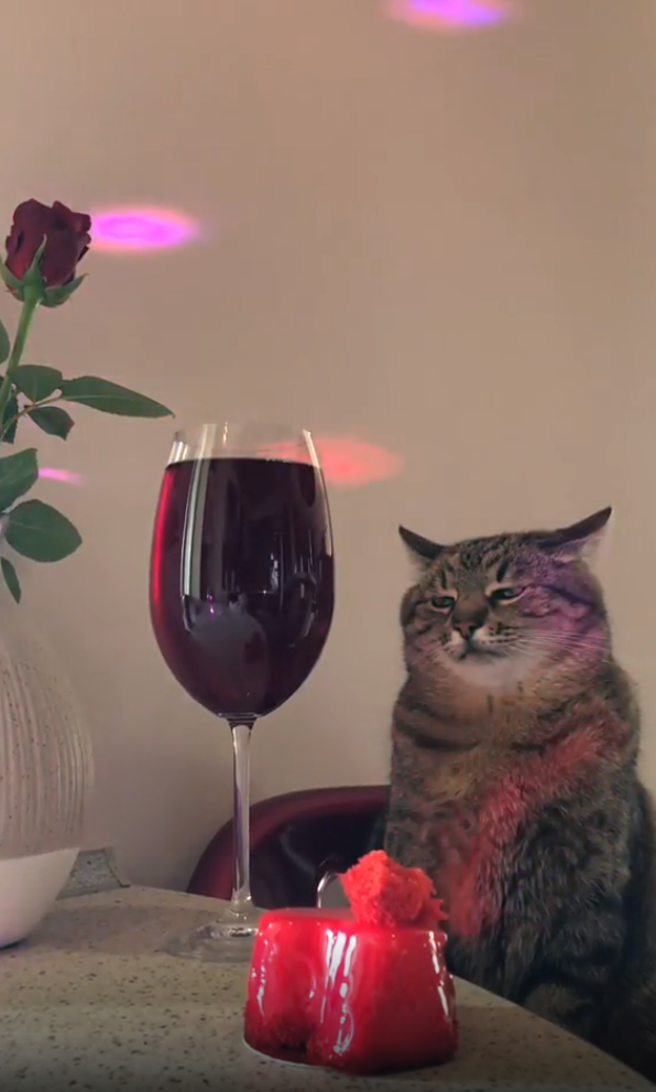 Кот Степан сумує за келихом вина.