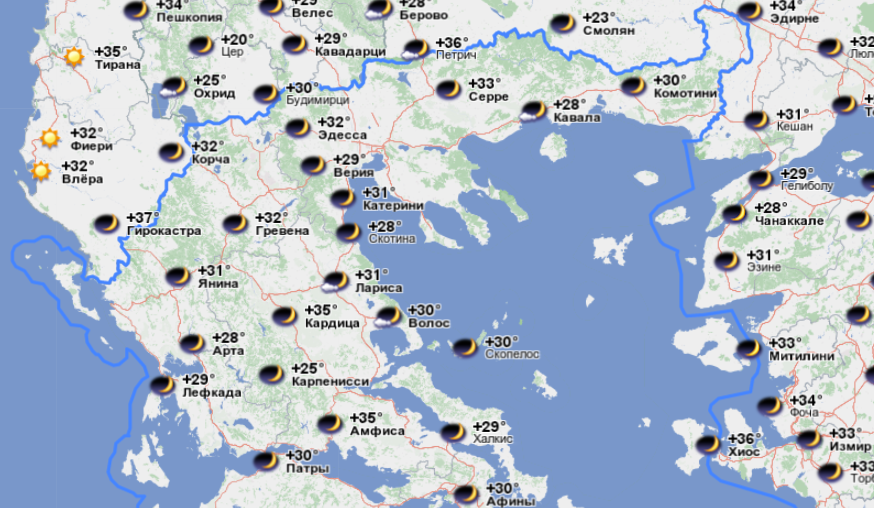 Погода в Греции. Во многих городах даже ночью на улице жарко