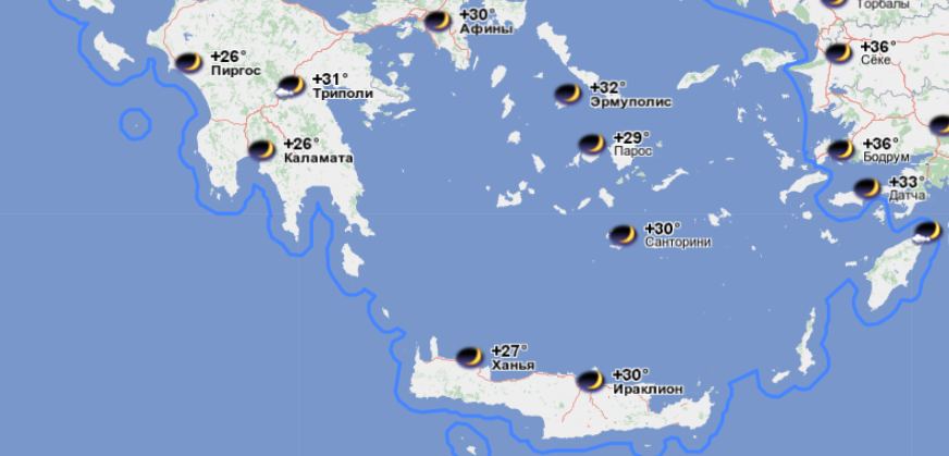 Погода в Греции. Во многих городах даже ночью на улице жарко