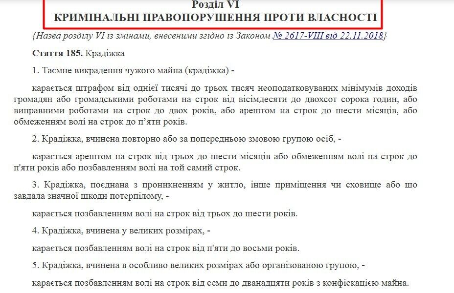 Відповідальність за крадіжку в Кримінальному кодексі України