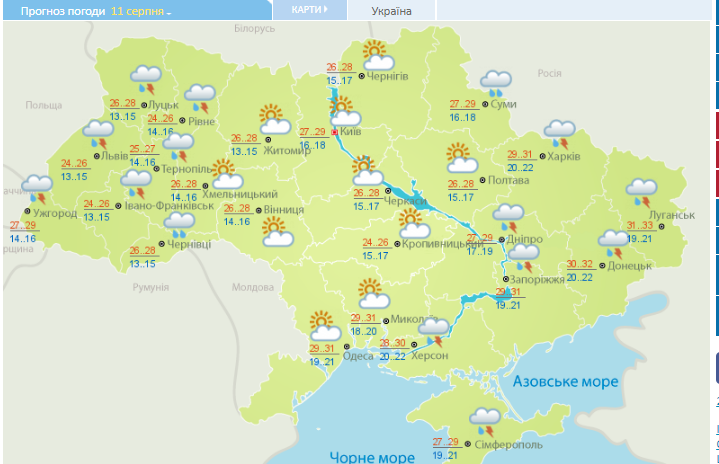 Погодная карта Украины