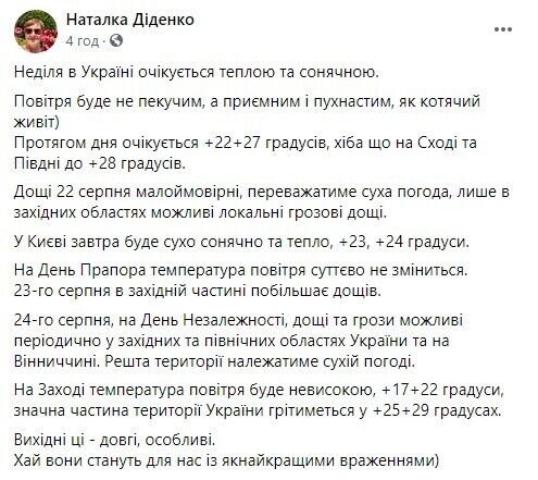 Синоптикиня повідомила про погоду на День Незалежності