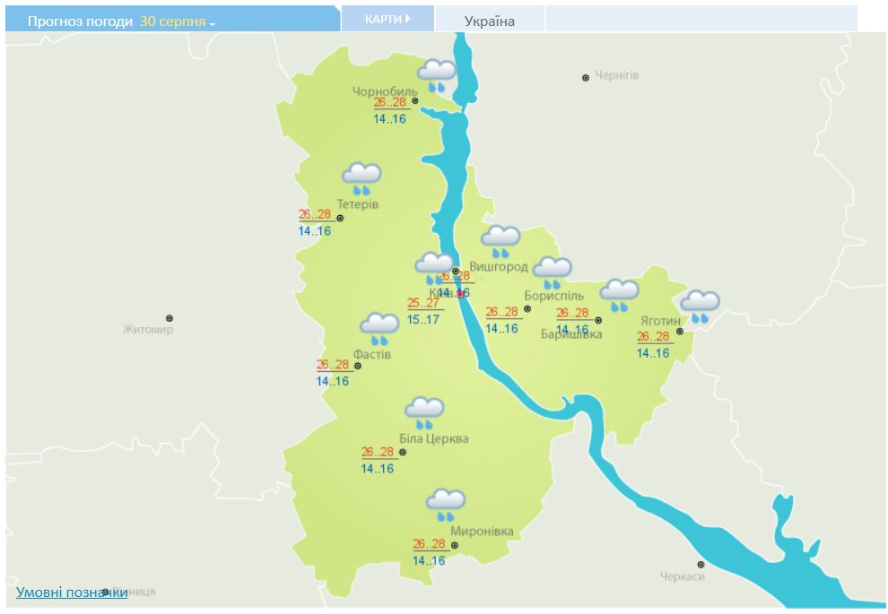 Прогноз погоди в Києві і області на 30 серпня