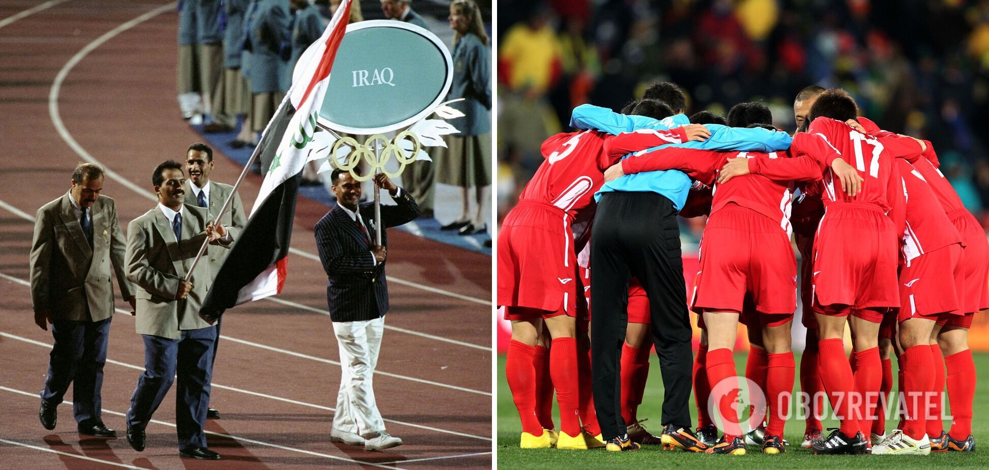 Зліва – прапороносець збірної Іраку; праворуч – команда з футболу КНДР