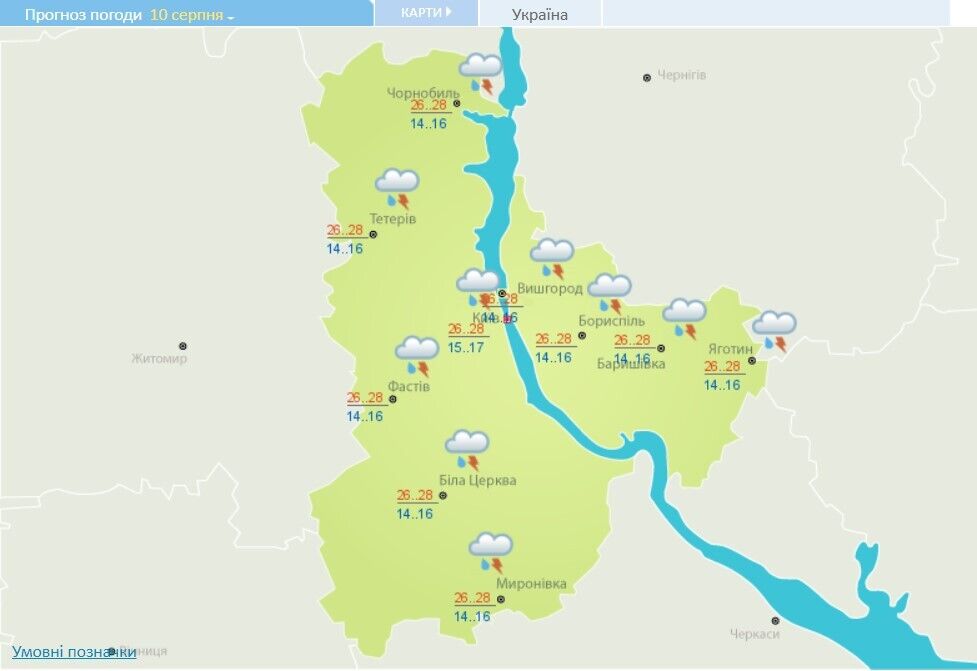 Прогноз погоды в Киеве на 10 августа