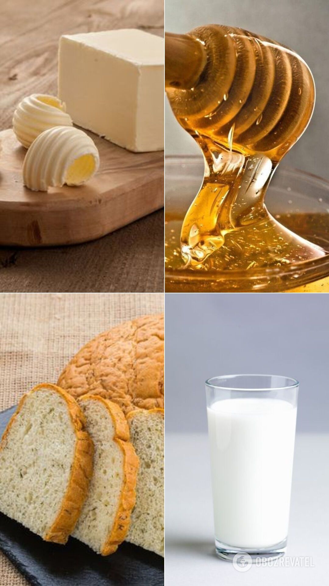 Сочетание масла, молока, хлеба и меда
