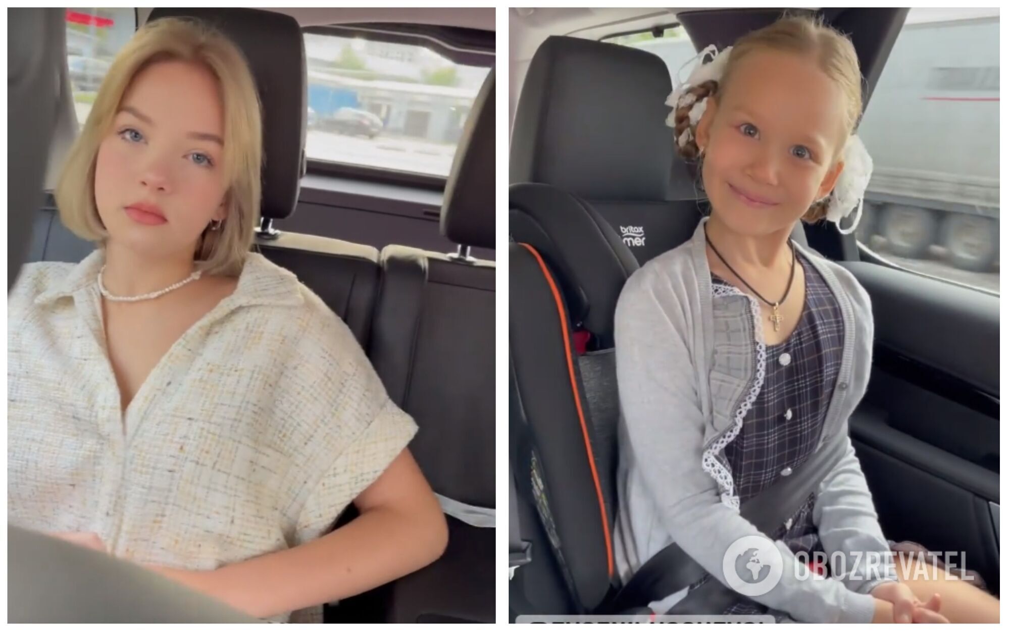 Варвара и Серафима Кошевые едут с родителями в машине на первый звонок в школу