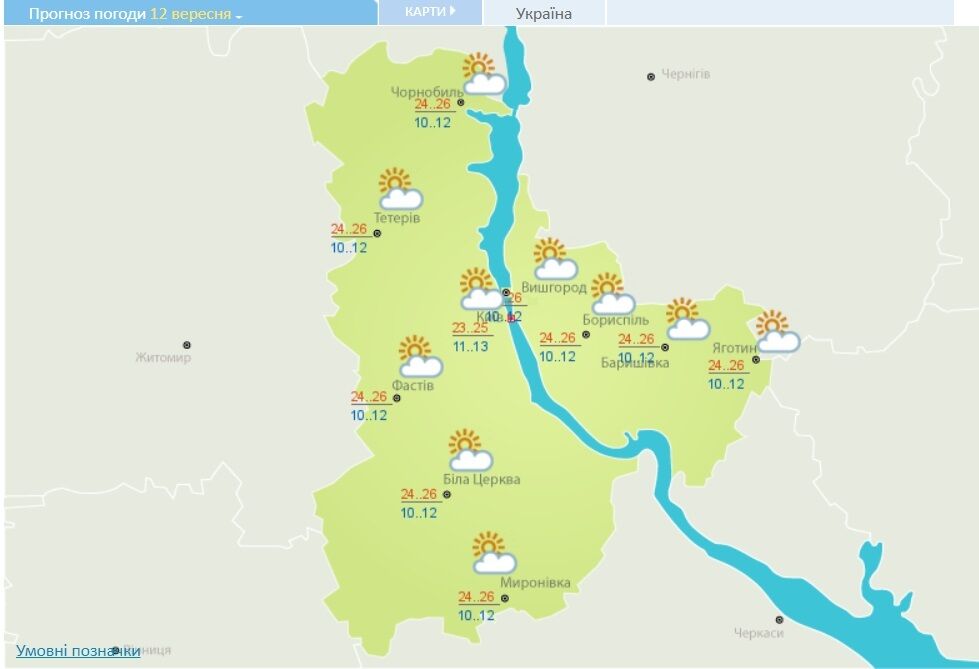Прогноз погоды в Киеве и области на 12 сентября.