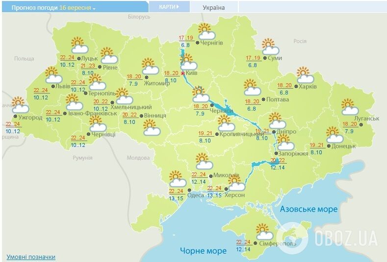 Прогноз Укргидрометцентра на 16 сентября.