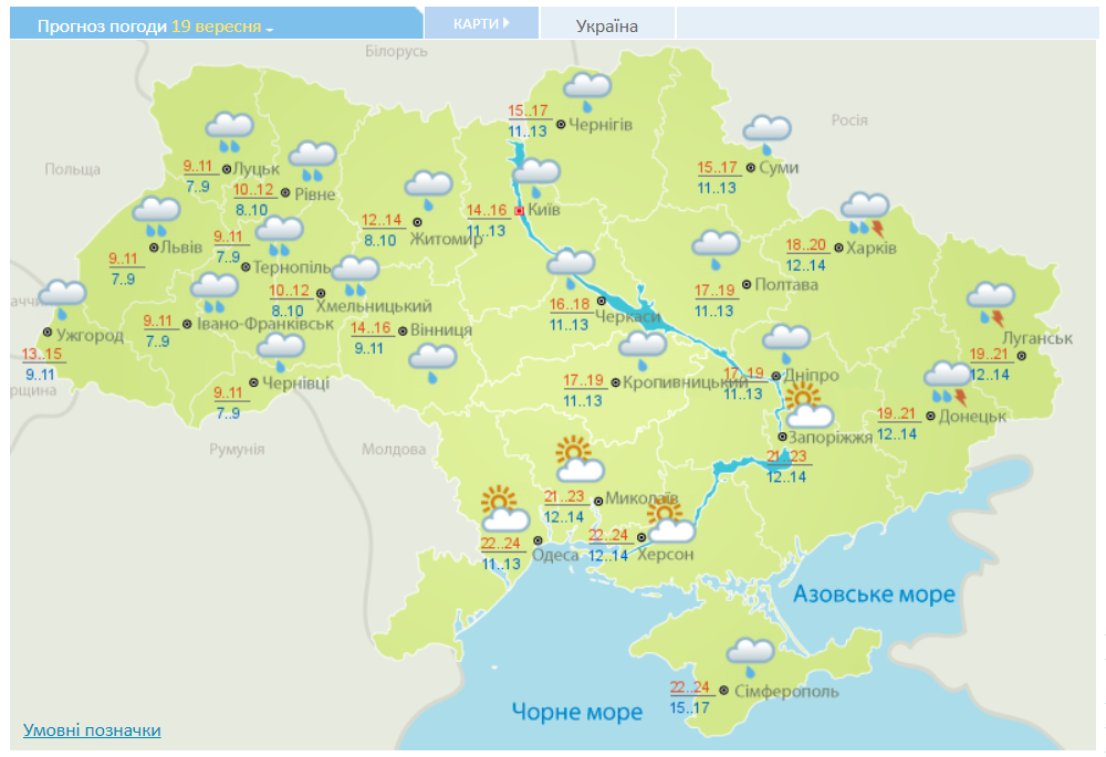 Прогноз погоды в Украине на 19 сентября