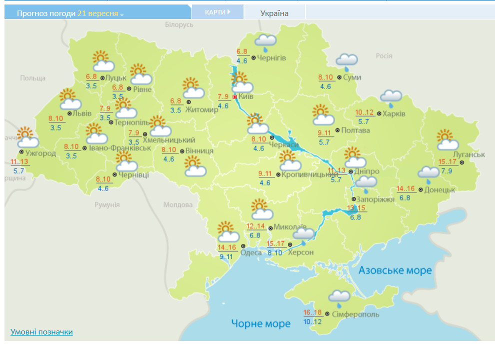 Прогноз погоди в Україні на 21 вересня