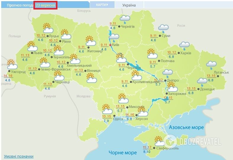 Прогноз погоды на 23 сентября от Украинского гидрометцентра