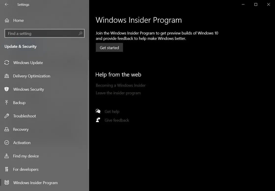 Раздел Windows Insider в версии Windows 10