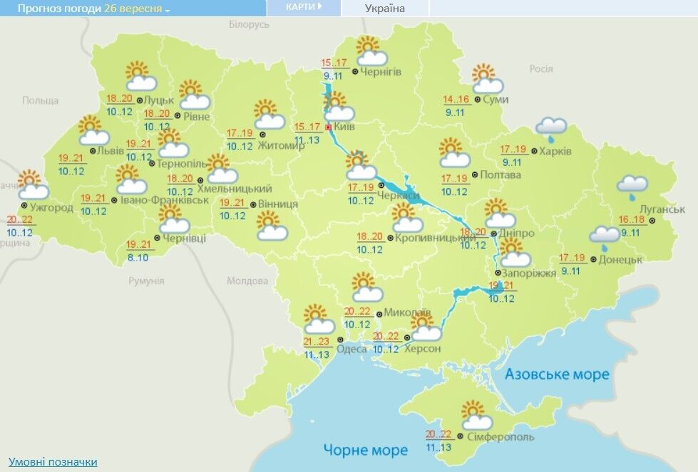 Прогноз погоды в Украине на 26 сентября