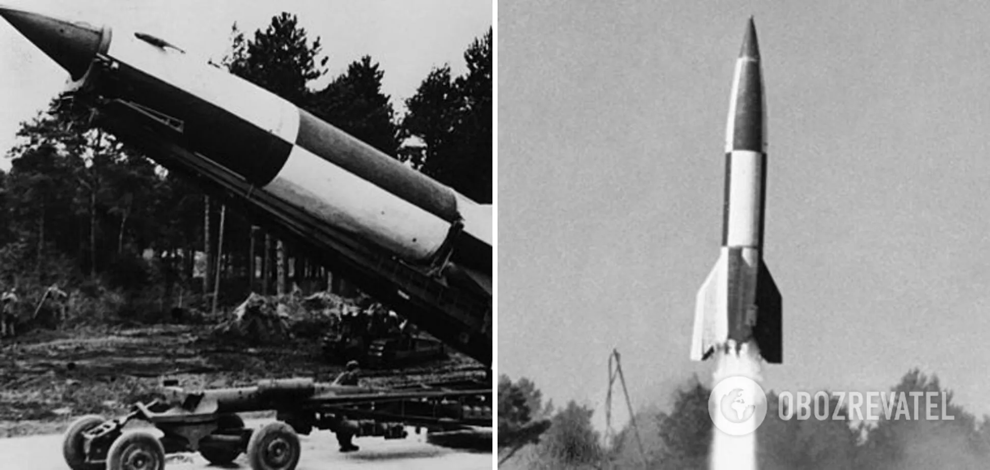 Зліва німецька ракета фау-2 у 1944 році, справа радянська ракета Р1 у 1948 році.