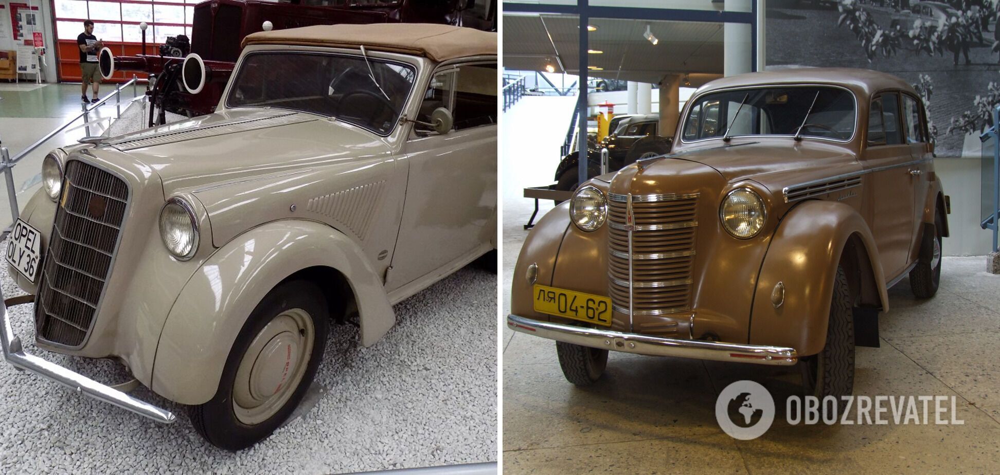 Зліва німецький Opel Kadett К38 (1938 рік), а справа радянський Москвич 400 (1946 рік).