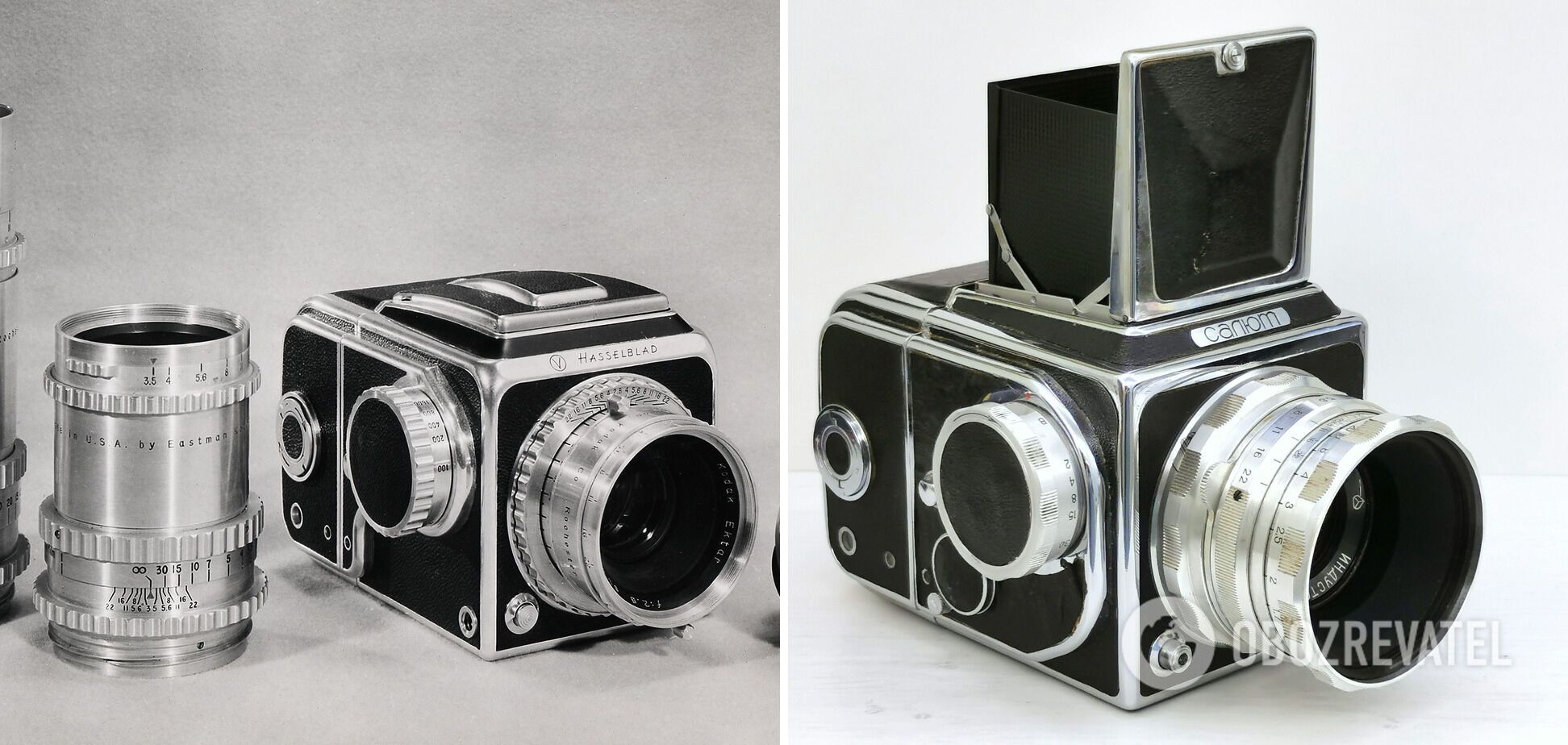 Зліва - фотоапарат "Hasselblad 1600f", а справа "Салют".