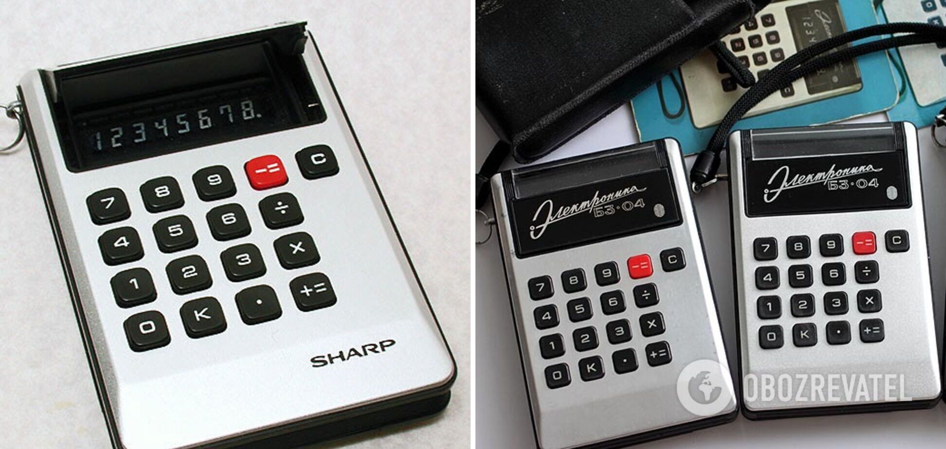 Японський калькулятор Sharp EL-805 - зліва, а радянська "Електроніка" - справа