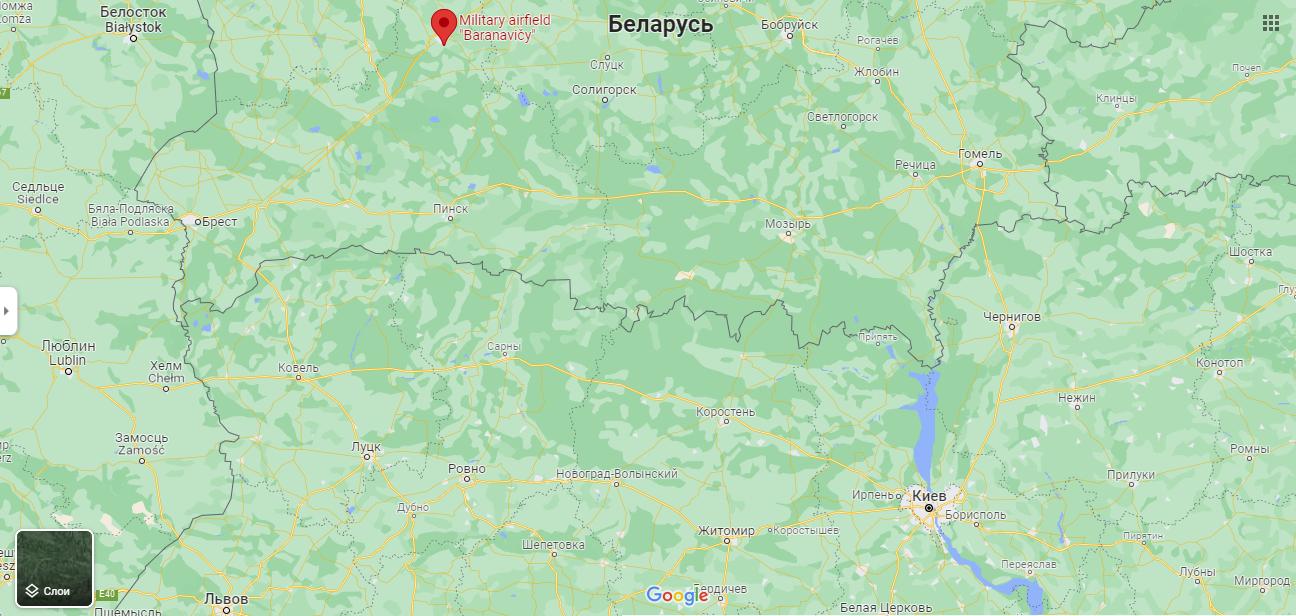 Военный аэродром Барановичи на карте