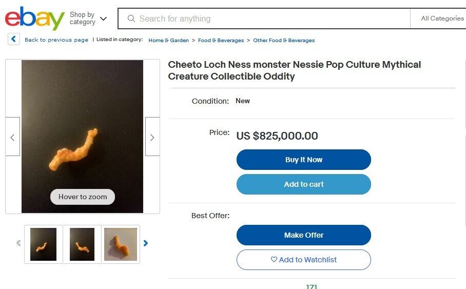 За чипсинку в форме Лох-несского чудовища на Ebay просят 850 тыс. долларов.