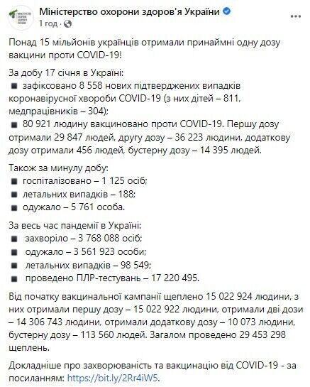 Бустерную прививку уже сделали 113 560 украинцев.