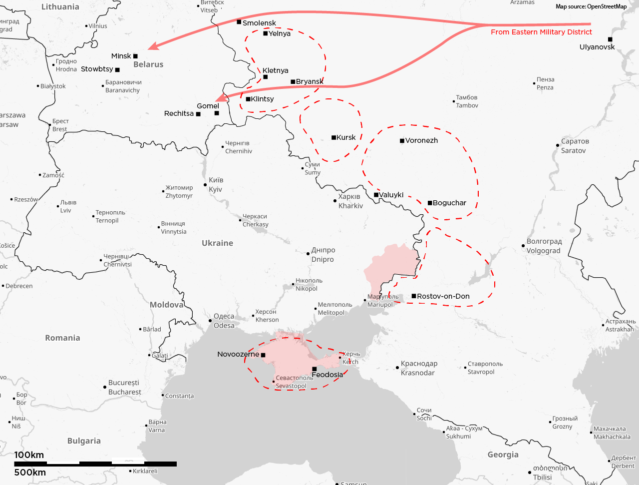 Окружение Украины войсками РФ с трех сторон.