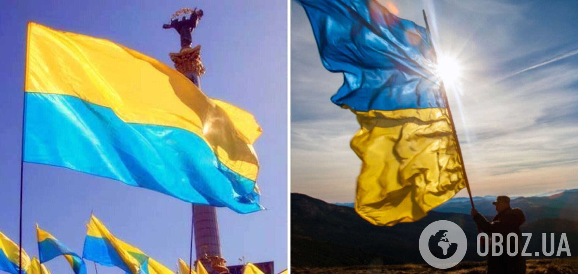 Слева желто-синяя вариация флага, приписываемая Грушевскому, а справа – привычный сине-желтый вариант, который использовали при Скоропадском.