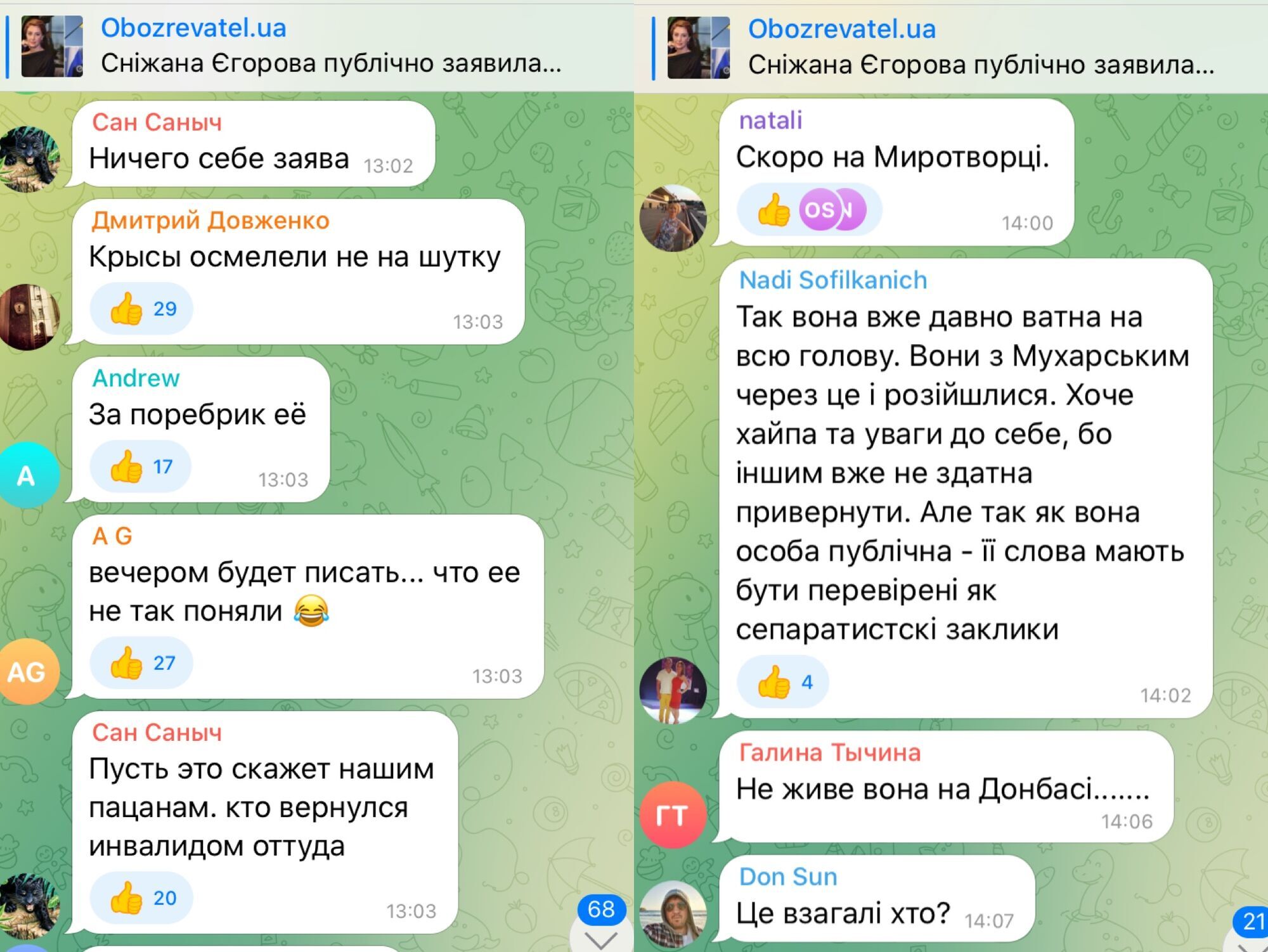 Комментарии под новостью о заявлении Снежаны Егоровой