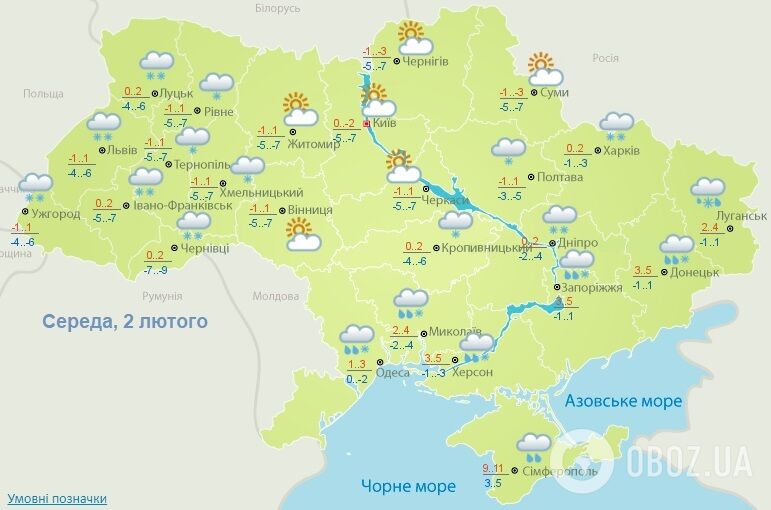 Прогноз погоди на 2 лютого Українського гідрометцентру.